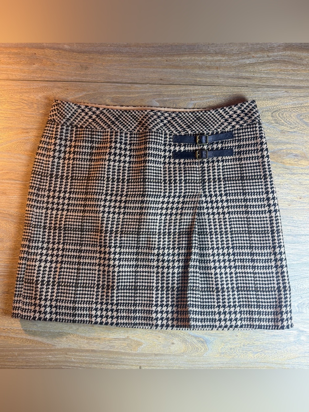 LOFT Black and Cream Houndstooth Mini Skirt with Buckle Straps